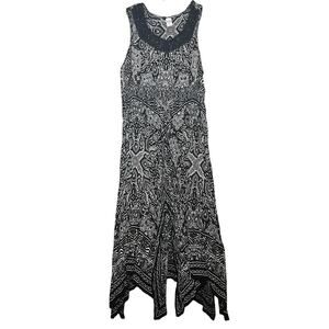 Bila Size XXL Black White Print Farah Boho Dress Handkerchief Hem Crochet Neck